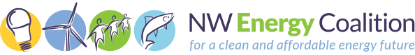NW Energy Coalition logo with five circular icons (light bulb, wind turbine, nature/plant, water-related symbol) followed by the text 'NW Energy Coalition' and the slogan 'for a clean and affordable energy future'.