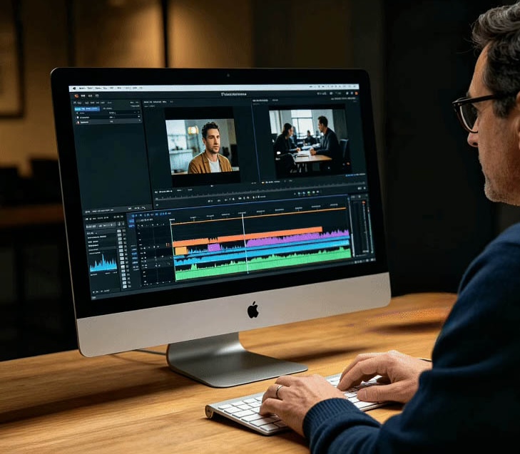 Person editing a video project on an Apple iMac, with a multi-track timeline visible on screen.